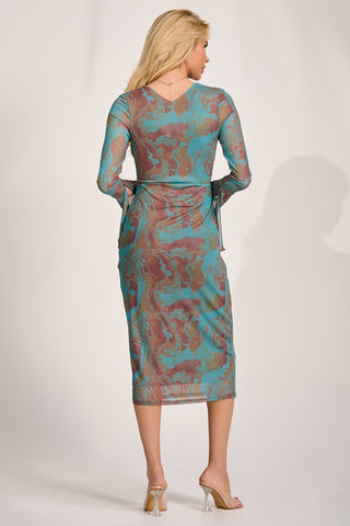 Long Sleeve Mesh Bodycon Dress, Teal Abstract
