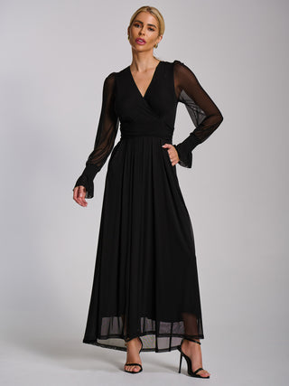 Mesh long sleeve maxi dress, Black