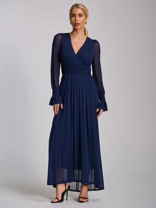 Mesh long sleeve maxi dress, Navy