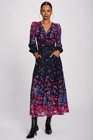Long Sleeve Printed Lace Maxi Dress, Pink Multi