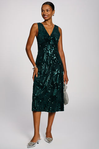 V-Neck Sequin Embellished Velvet Midi Dress, Dark Green