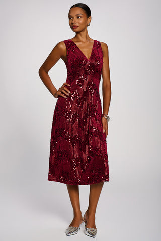 V-Neck Sequin Embellished Velvet Midi Dress, Fuchsia