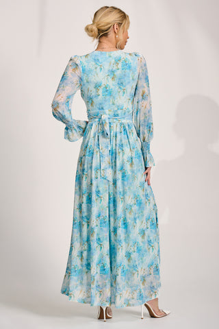 Long Sleeve Dip Hem Mesh Maxi Dress, Blue Floral