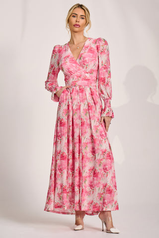 Long Sleeve Dip Hem Mesh Maxi Dress, Pink Floral