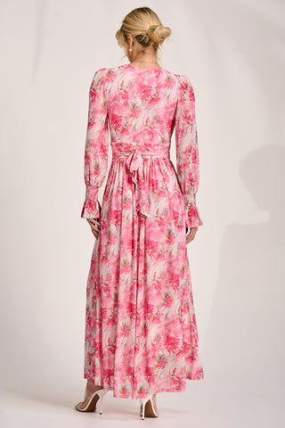 Long Sleeve Dip Hem Mesh Maxi Dress, Pink Floral