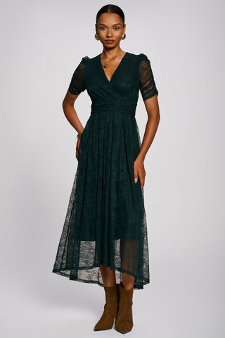 Lace Ruched Sleeve Dip Hem Maxi Dress, Dark Green