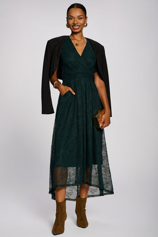 Lace Ruched Sleeve Dip Hem Maxi Dress, Dark Green