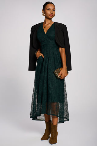 Lace Ruched Sleeve Dip Hem Maxi Dress, Dark Green