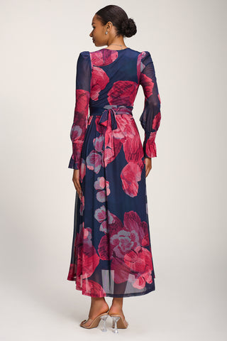 Long Sleeve V Neck Mesh Maxi Dress, Fuchsia Floral