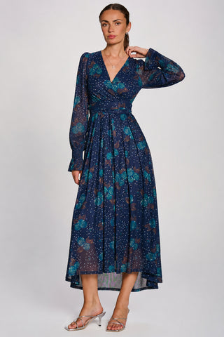 Long Sleeve Maxi  Mesh Dress, Navy Floral