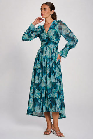 Long Sleeve Maxi  Mesh Dress, Teal Floral