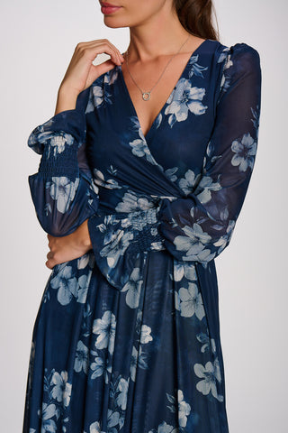 Long Sleeve Maxi  Mesh Dress, Navy Floral