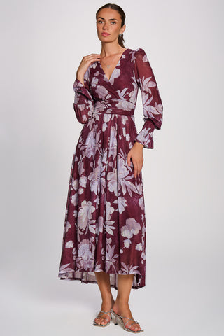 Long Sleeve Maxi  Mesh Dress, Purple Floral