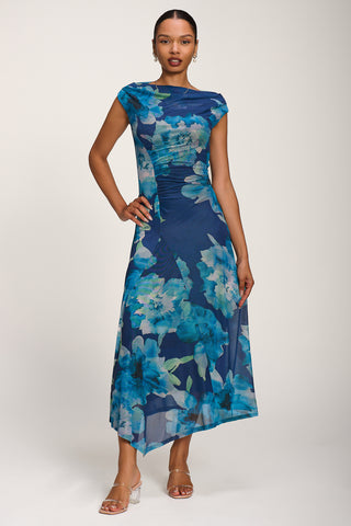 Asymmetric Draped Mesh Midaxi Dress, Blue Floral