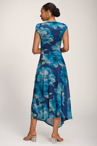 Asymmetric Draped Mesh Midaxi Dress, Blue Floral
