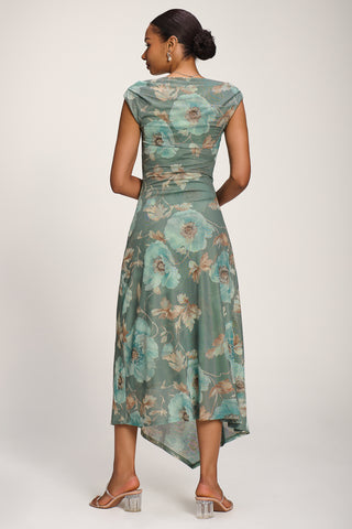 Asymmetric Draped Mesh Midaxi Dress, Green Floral