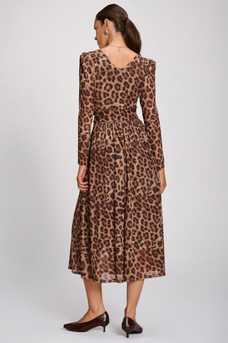 Mesh Long Sleeve Pleated Maxi Dress, Brown Animal