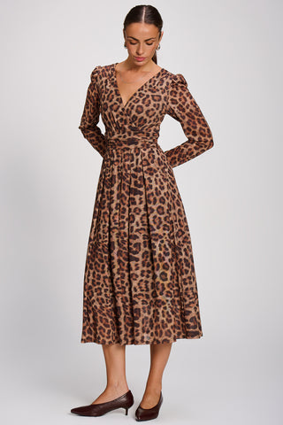 Mesh Long Sleeve Pleated Maxi Dress, Brown Animal