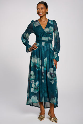 Long Sleeve V Neck Mesh Maxi Dress, Teal Floral