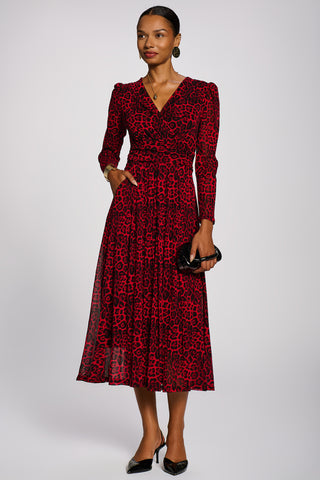 Long Sleeve Print Mesh Maxi Dress, Red Animal