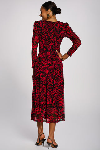Long Sleeve Print Mesh Maxi Dress, Red Animal