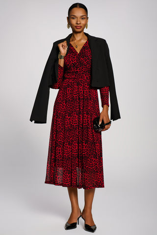 Long Sleeve Print Mesh Maxi Dress, Red Animal