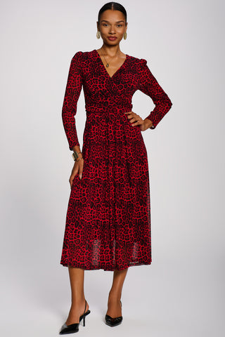 Long Sleeve Print Mesh Maxi Dress, Red Animal