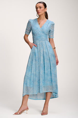 Printed Mesh Dip Hem Maxi Dress, Blue Abstract