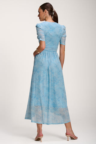 Printed Mesh Dip Hem Maxi Dress, Blue Abstract