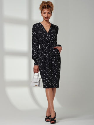 Gwen Print Long Sleeve Pegged Dress, Black Spot
