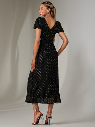 Metallic Spot Chiffon Midimix Dress, Black