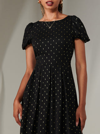 Metallic Spot Chiffon Midimix Dress, Black