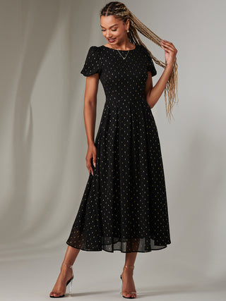 Metallic Spot Chiffon Midimix Dress, Black