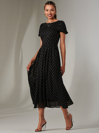 Metallic Spot Chiffon Midimix Dress, Black