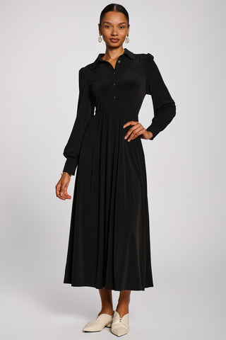 Long Sleeve Shirt Jersey Maxi Dress, Black