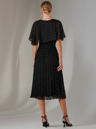 Metallic Spot Chiffon Pleated Dress, Black