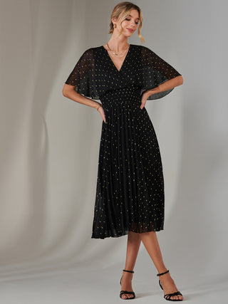 Metallic Spot Chiffon Pleated Dress, Black