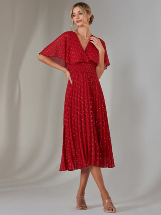 Metallic Spot Chiffon Pleated Dress, Dark Red