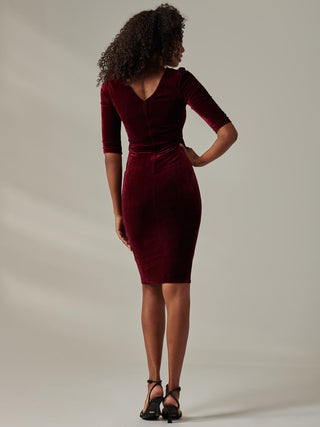 Velvet Side Tie Midi Dress, Burgundy