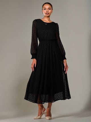 Long Sleeve Chiffon Midaxi Dress, Black