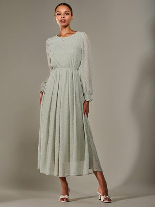 Long Sleeve Chiffon Midaxi Dress, Light Green