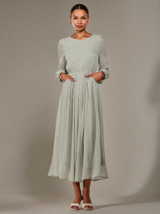Long Sleeve Chiffon Midaxi Dress, Light Green