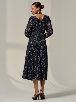 Long Sleeve Mesh Midi Dress, Black Polka