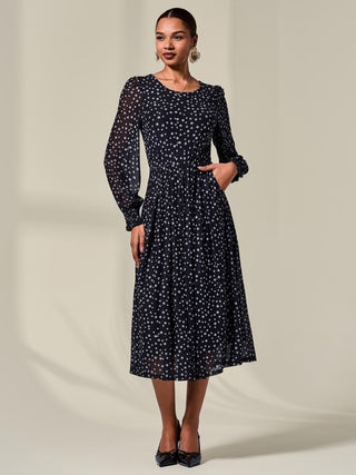 Long Sleeve Mesh Midi Dress, Black Polka
