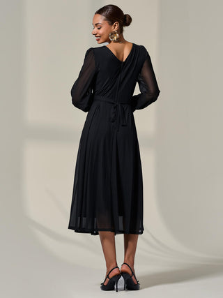 Long Sleeve Mesh Midi Dress, Black