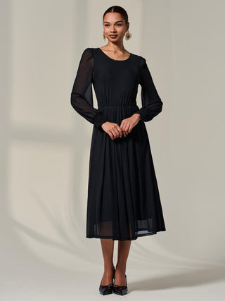 Long Sleeve Mesh Midi Dress, Black