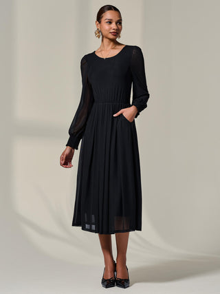 Long Sleeve Mesh Midi Dress, Black