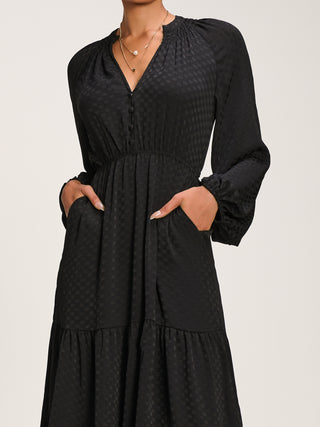 Long Sleeve Textured Satin Midaxi Dress, Black