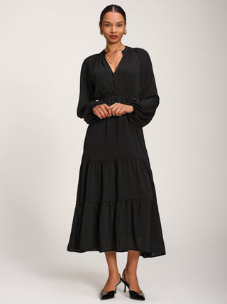 Long Sleeve Textured Satin Midaxi Dress, Black