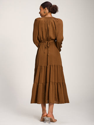 Long Sleeve Textured Satin Midaxi Dress, Brown